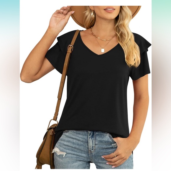 Shirt Womens XL Black Top Blouse Summer Casual Office Ruffle Short Sleeves OC5 - Picture 5 of 8